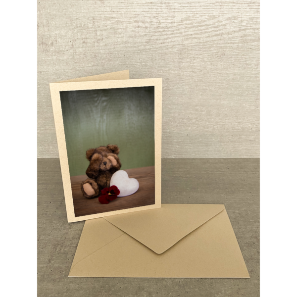 Vorderseite-Trauriger Teddybär mit Herz und Blume