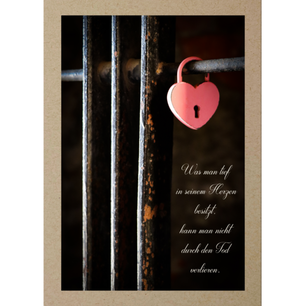 Trauerkarte Rosa Herzschloss an Gittertor mit Trauertext