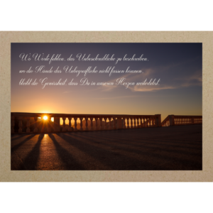 Trauerkarte Sonnenuntergang hinter Geländer mit Trauertext